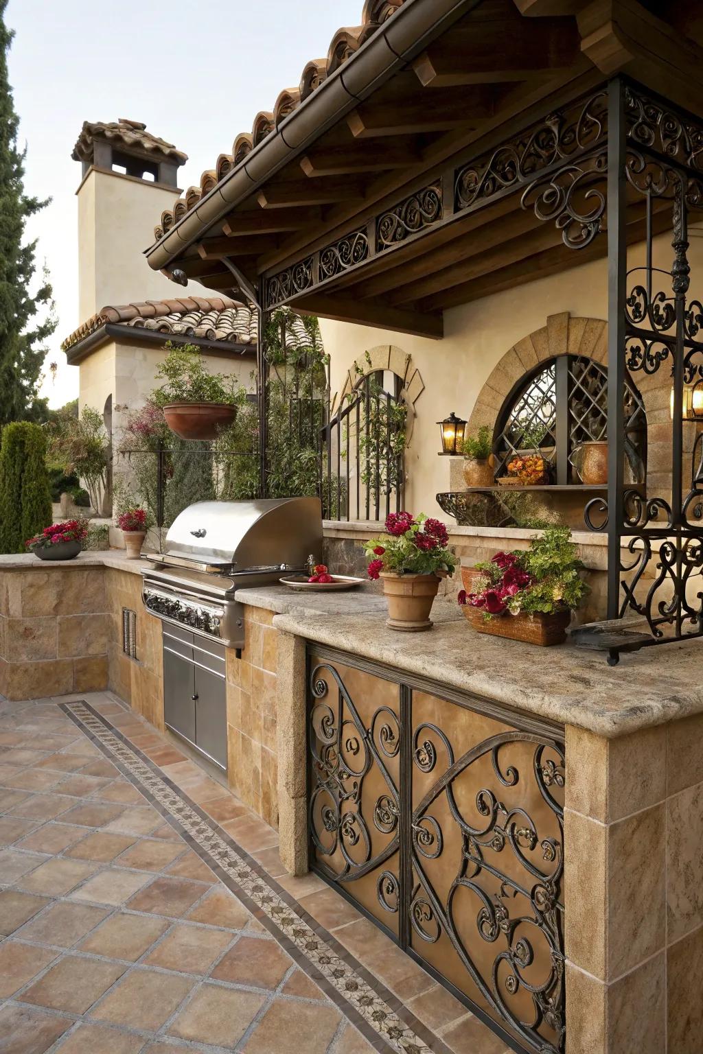 Intricate ironwork details enhance the Spanish flair of this outdoor kitchen.