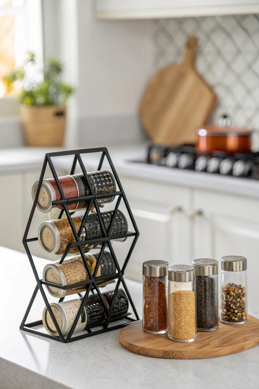 Criss-cross design adds a modern touch to spice storage.