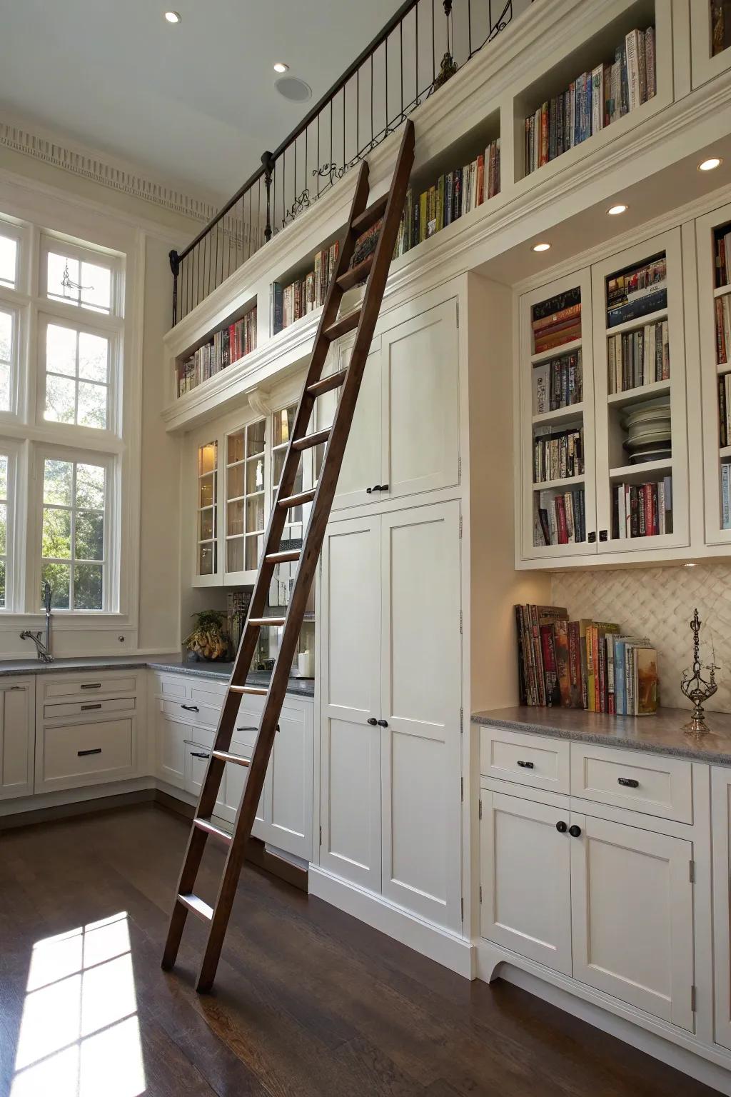 A library ladder adds both function and charm to high kitchen spaces.