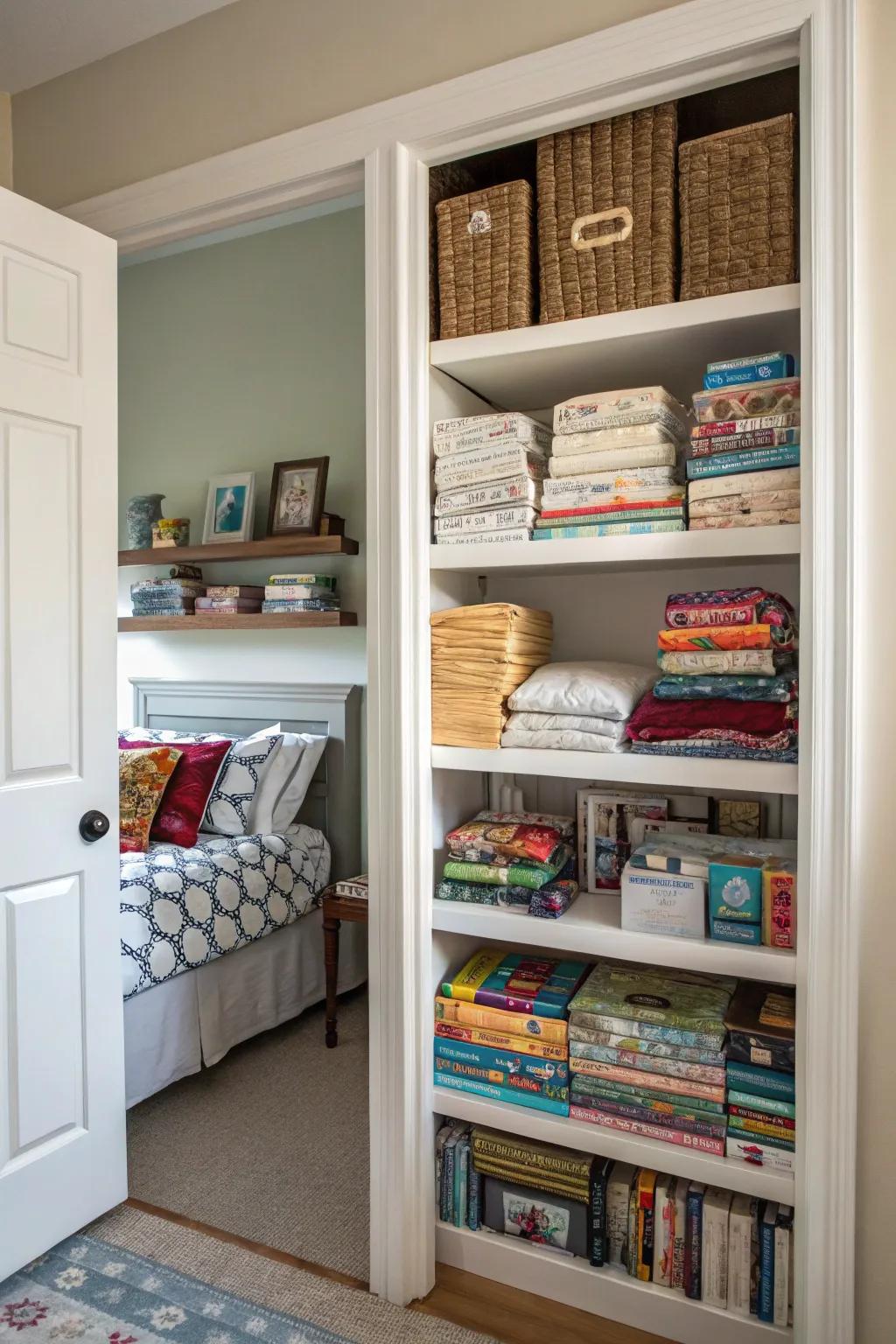 High shelving above a bedroom door.