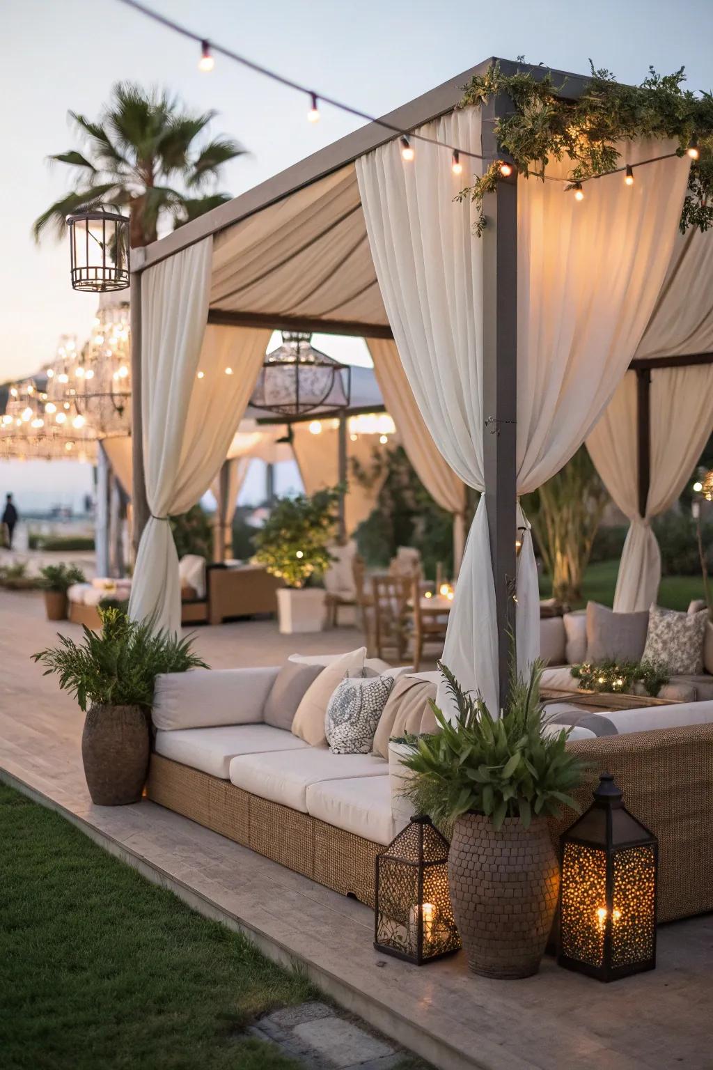 Relax in style with a luxurious outdoor canopy lounge.