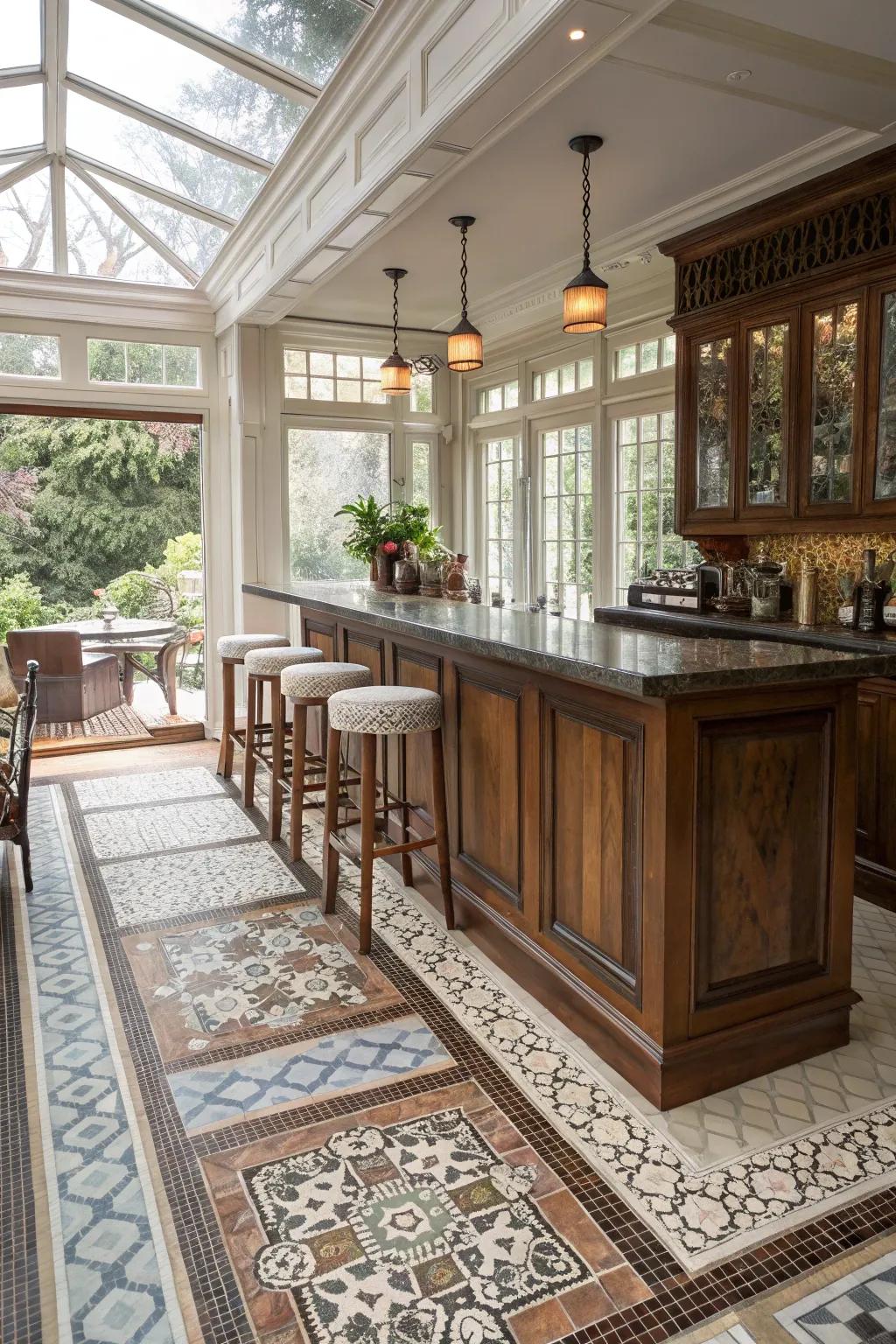 Distinct flooring choices define the character of your sunroom bar.