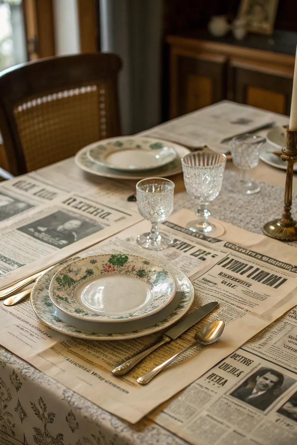 Newspapers offer a nostalgic and eco-friendly table setting.