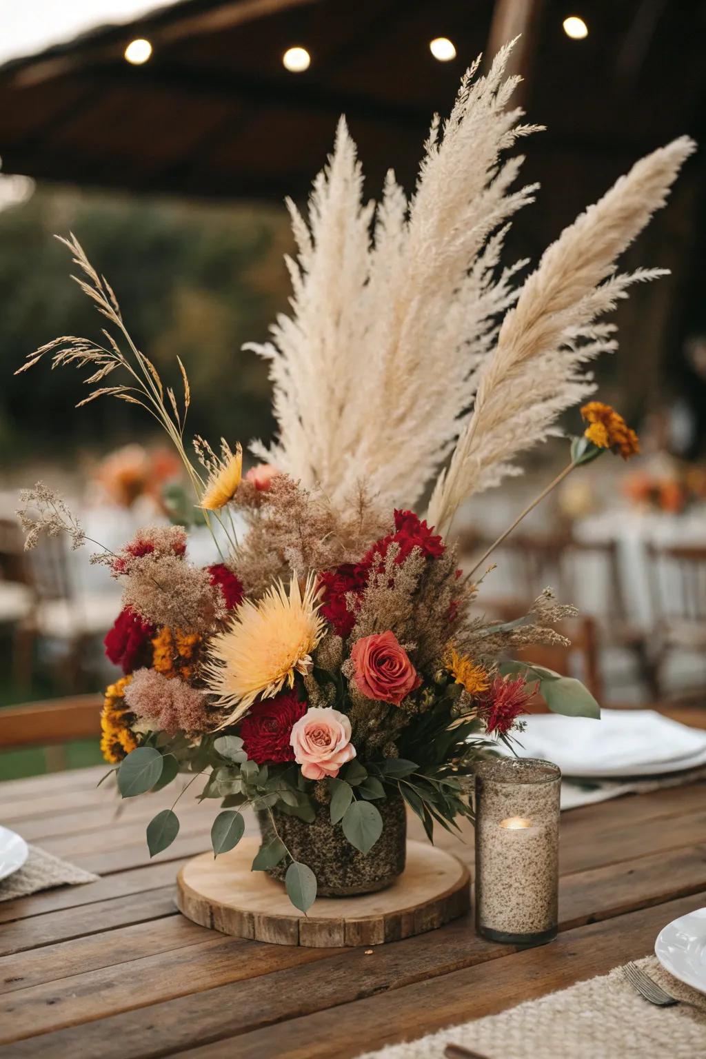 A relaxed centerpiece featuring pampas grass and soft roses.