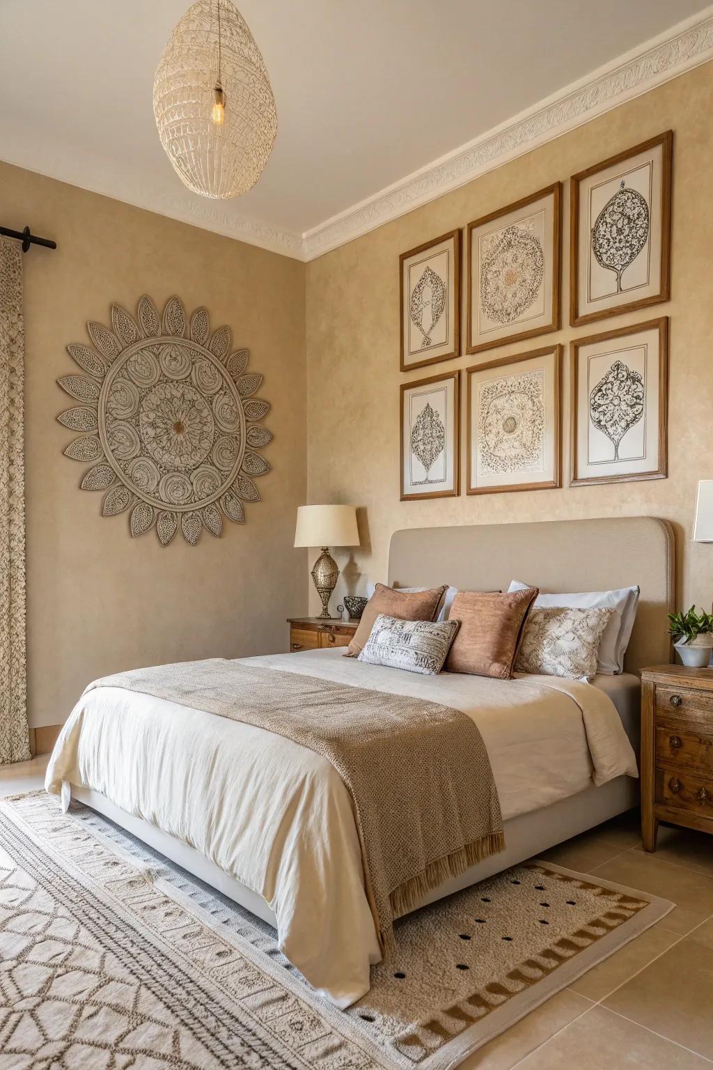 Artistic wall hangings add personality to the tan decor.