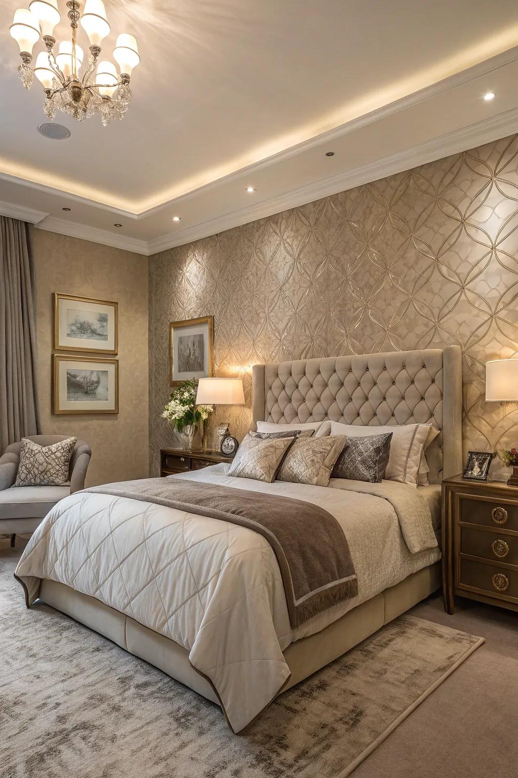 Textured taupe wallpaper adding dimension.