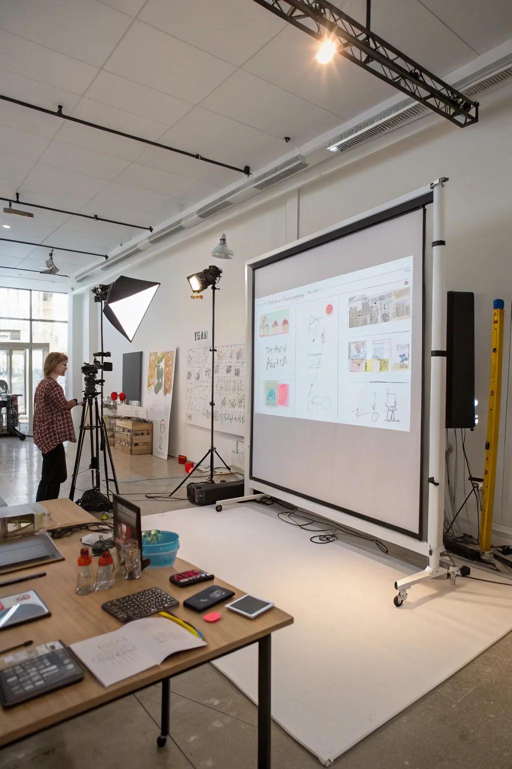 An interactive whiteboard on a temporary wall sparks creativity in a studio.