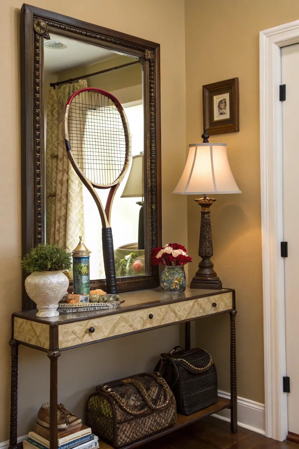 A tennis racket mirror frame adds rustic charm.