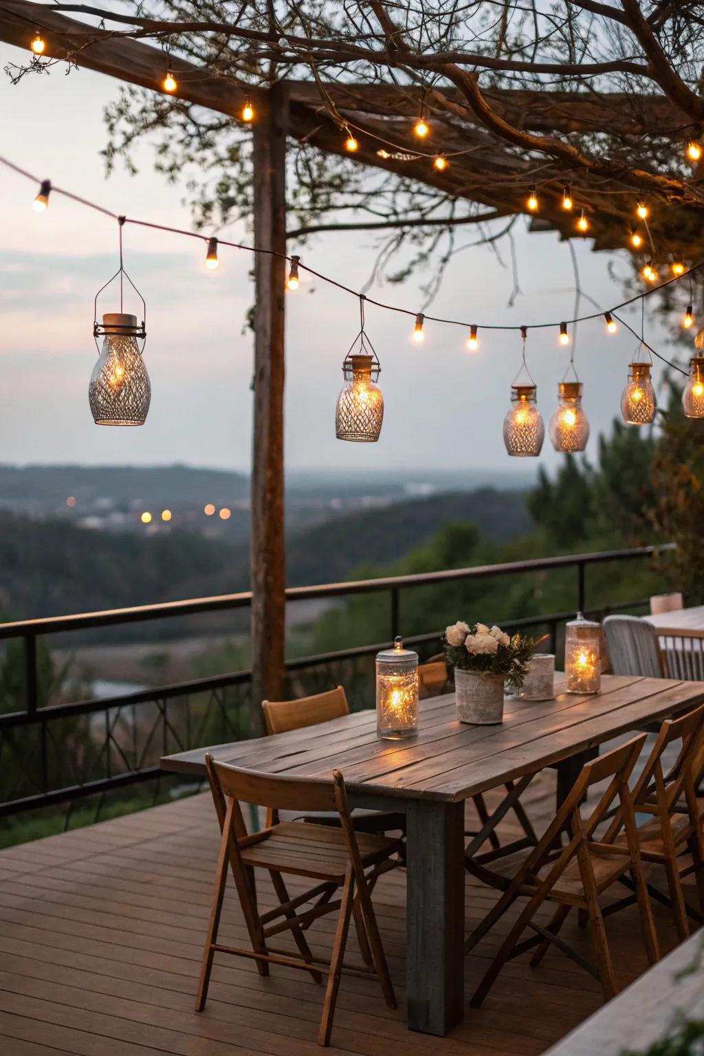 Mason jar lights bring a cozy, rustic vibe.