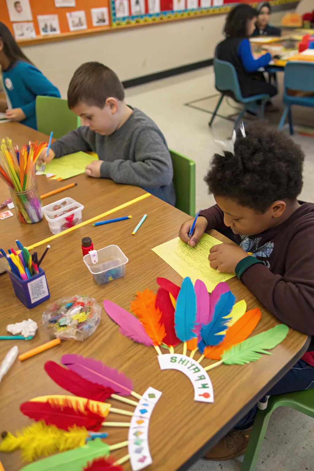 Craft stick turkeys add a playful element to classroom decor.