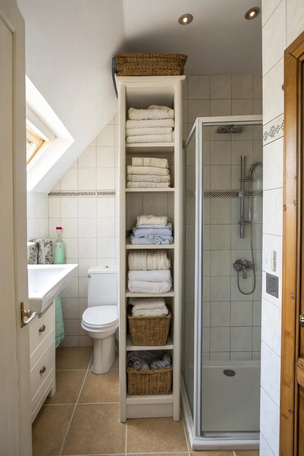 Maximize space with a vertical towel cabinet.