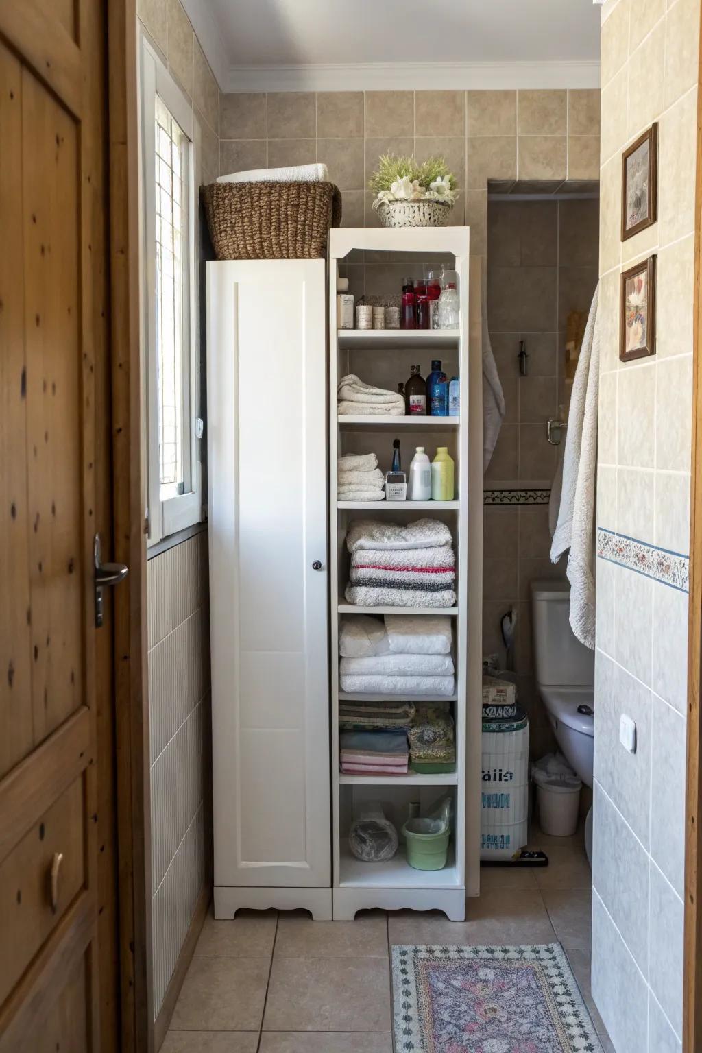 Tall, narrow cabinets maximize vertical storage space.