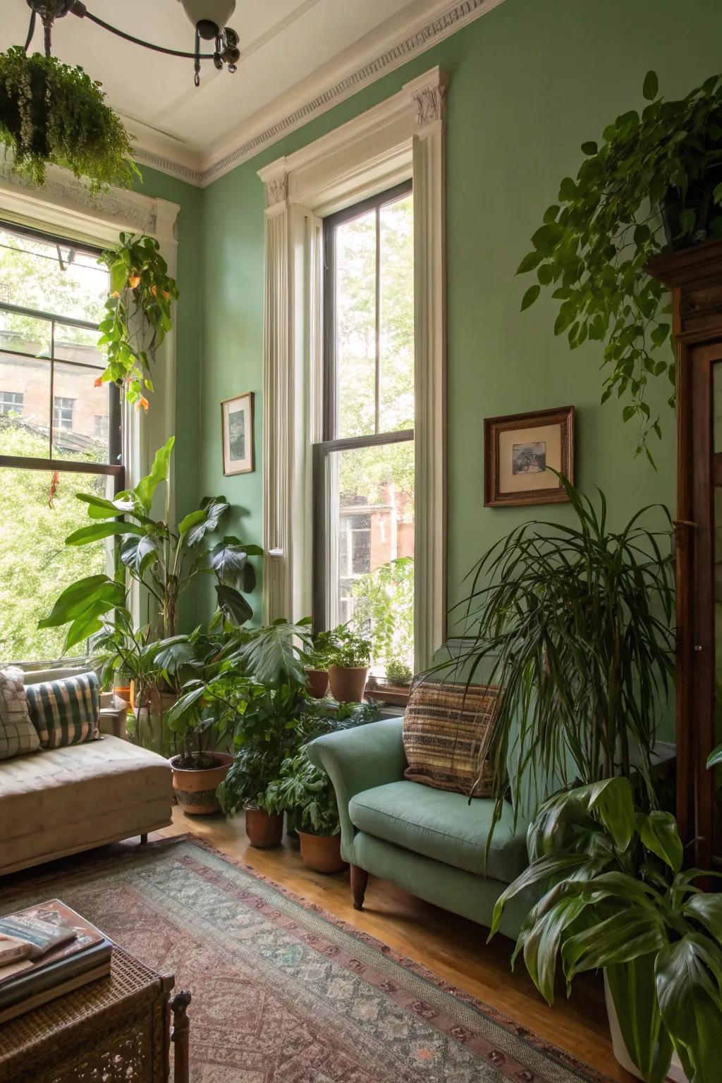 A townhouse living room with natural green walls for a refreshing vibe.