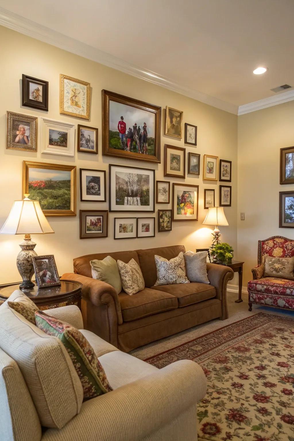 A gallery wall adds personality to this traditional living room.