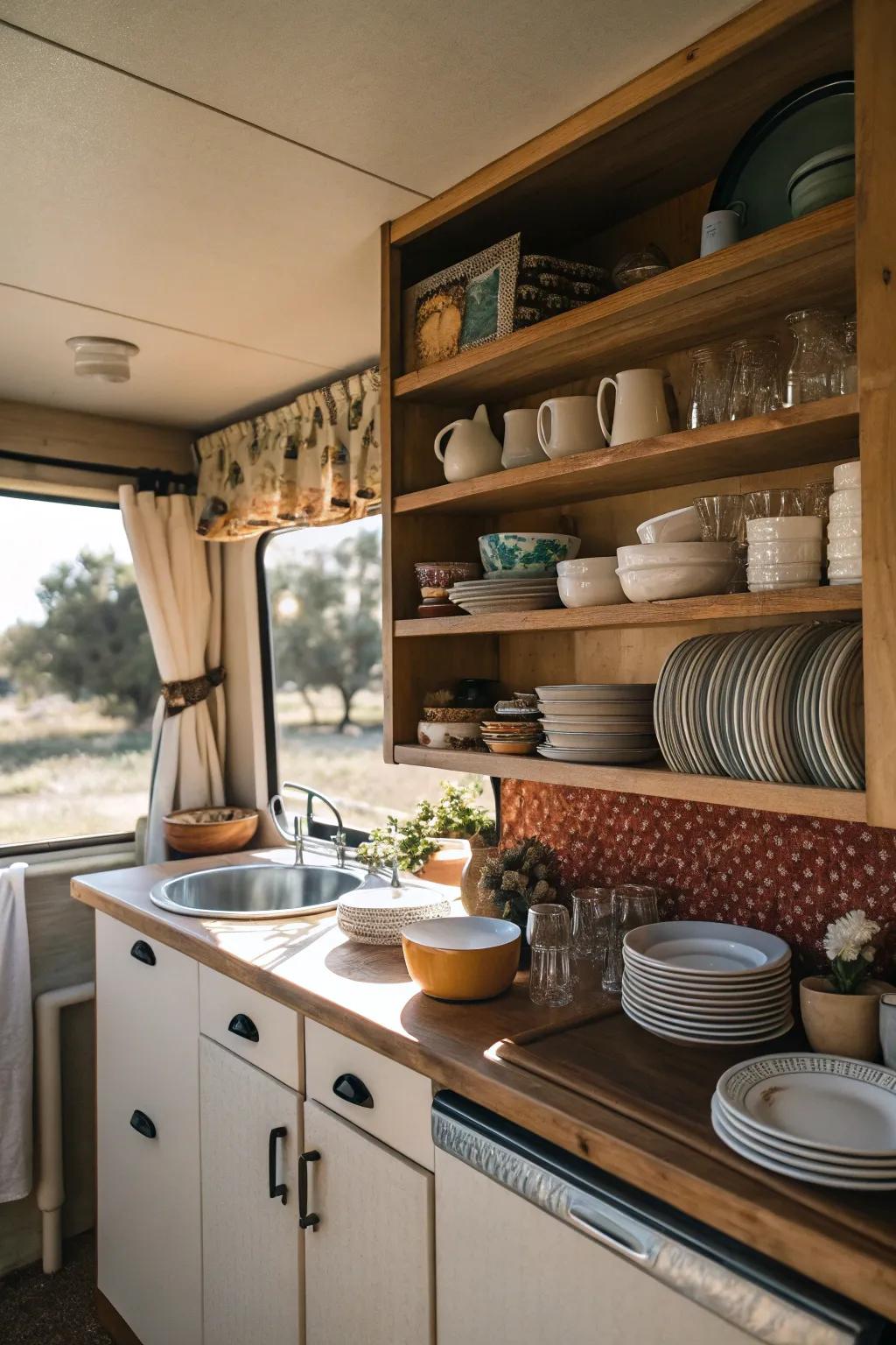 Open shelving keeps essentials at hand and adds visual space.