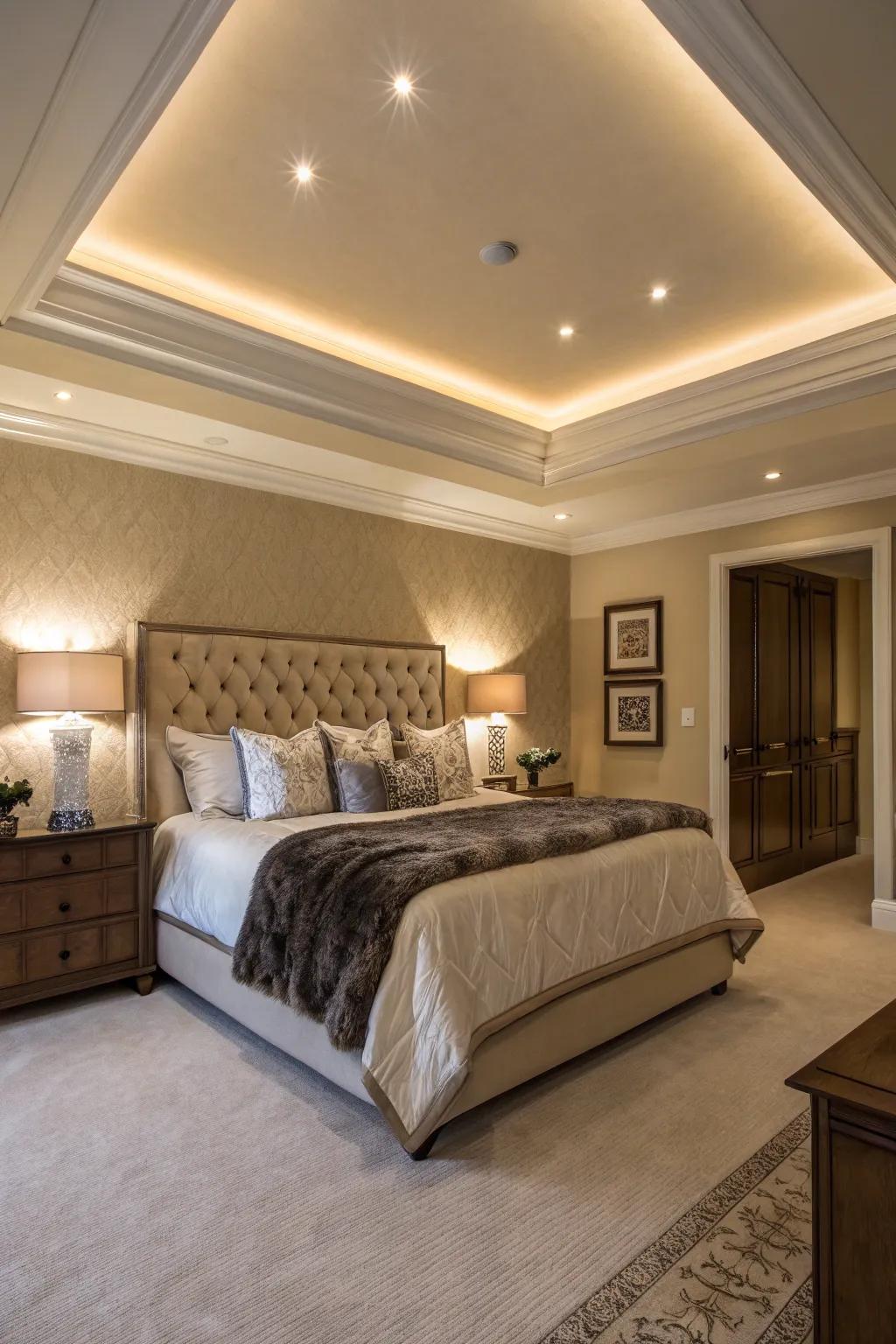 An elegant bedroom basking in the soft glow of cove lighting.