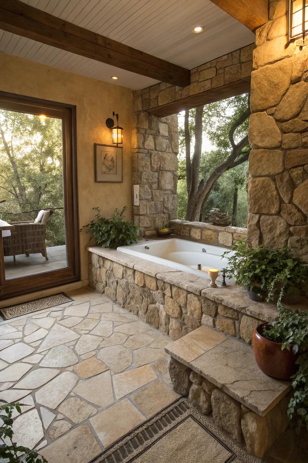 A serene tub deck with earthy natural stone accents.