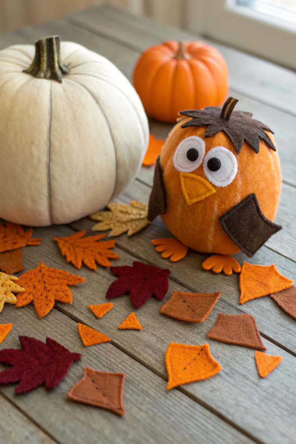 Craft soft features with felt for a cozy look.
