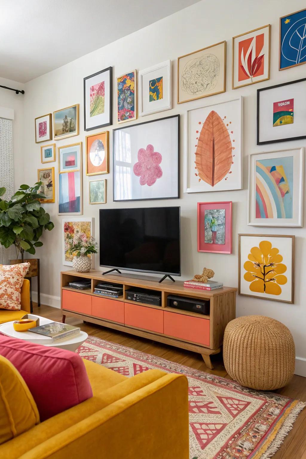 Pops of color energize this dynamic TV gallery wall.