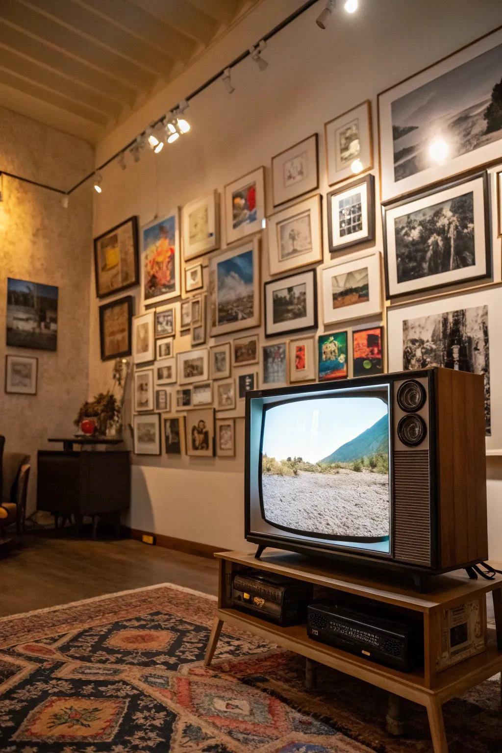 Gallery walls transform TVs into artistic focal points.