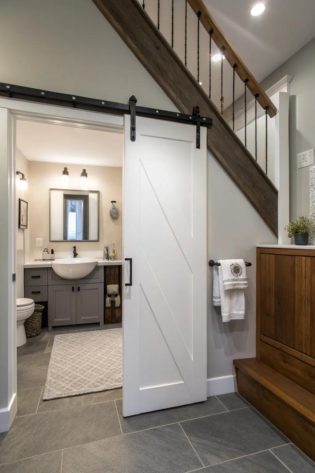 An under-stair bathroom with a sleek sliding door for space-saving access.