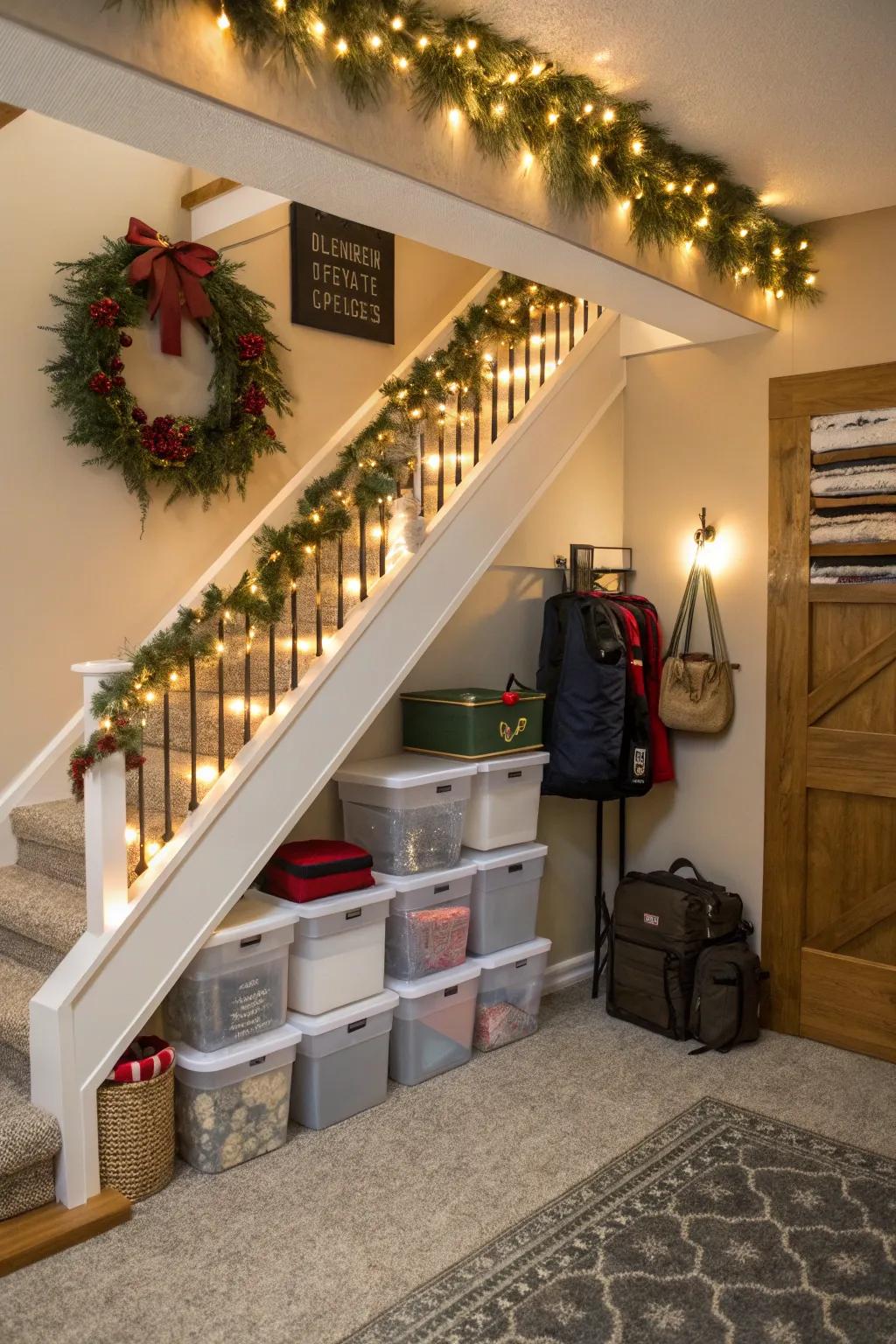 Seasonal storage under the stairs helps maintain a tidy home.