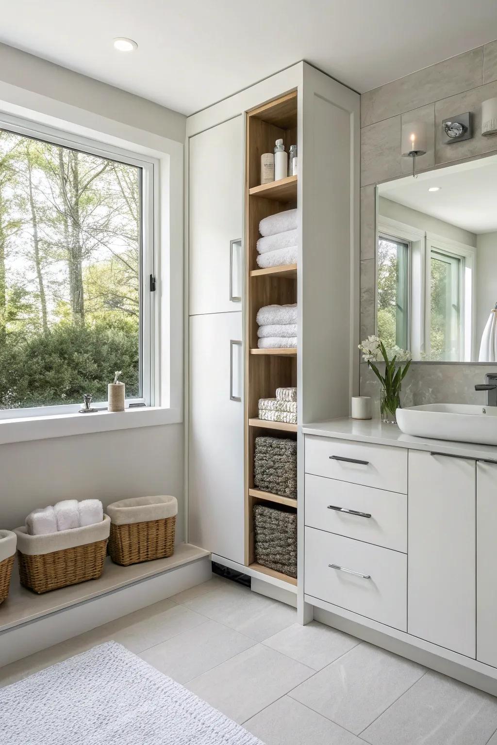 Innovative storage keeps the bathroom organized and efficient.