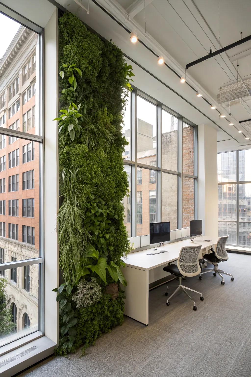 Vertical gardens add lush greenery and purify the air.