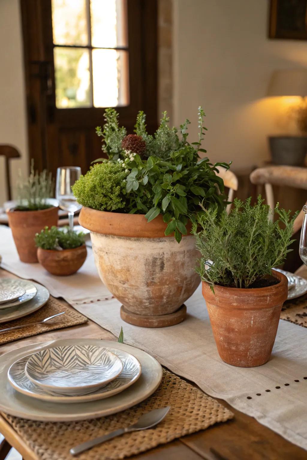 Artisan clay pots bring earthy charm to the table.