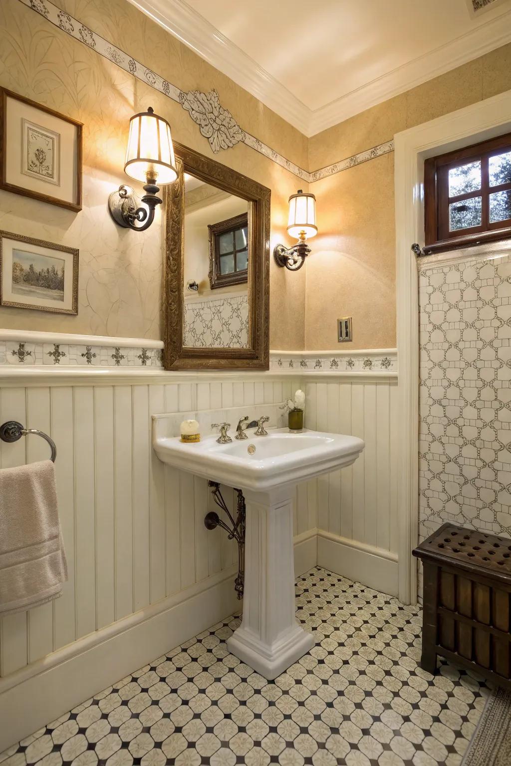 Wainscoting adds timeless architectural interest to vintage bathrooms.