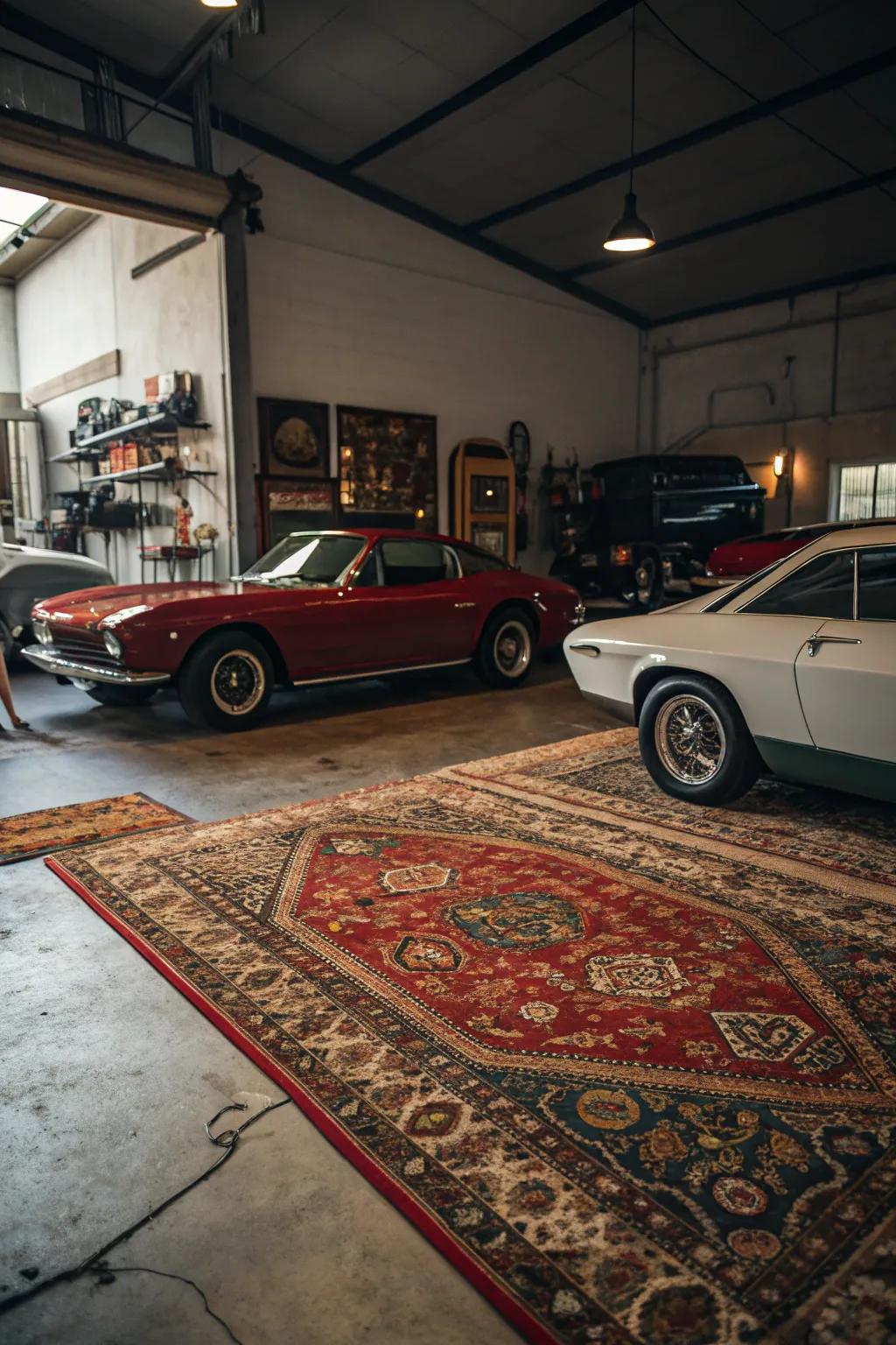 Vintage rugs add warmth and texture to the garage floor.