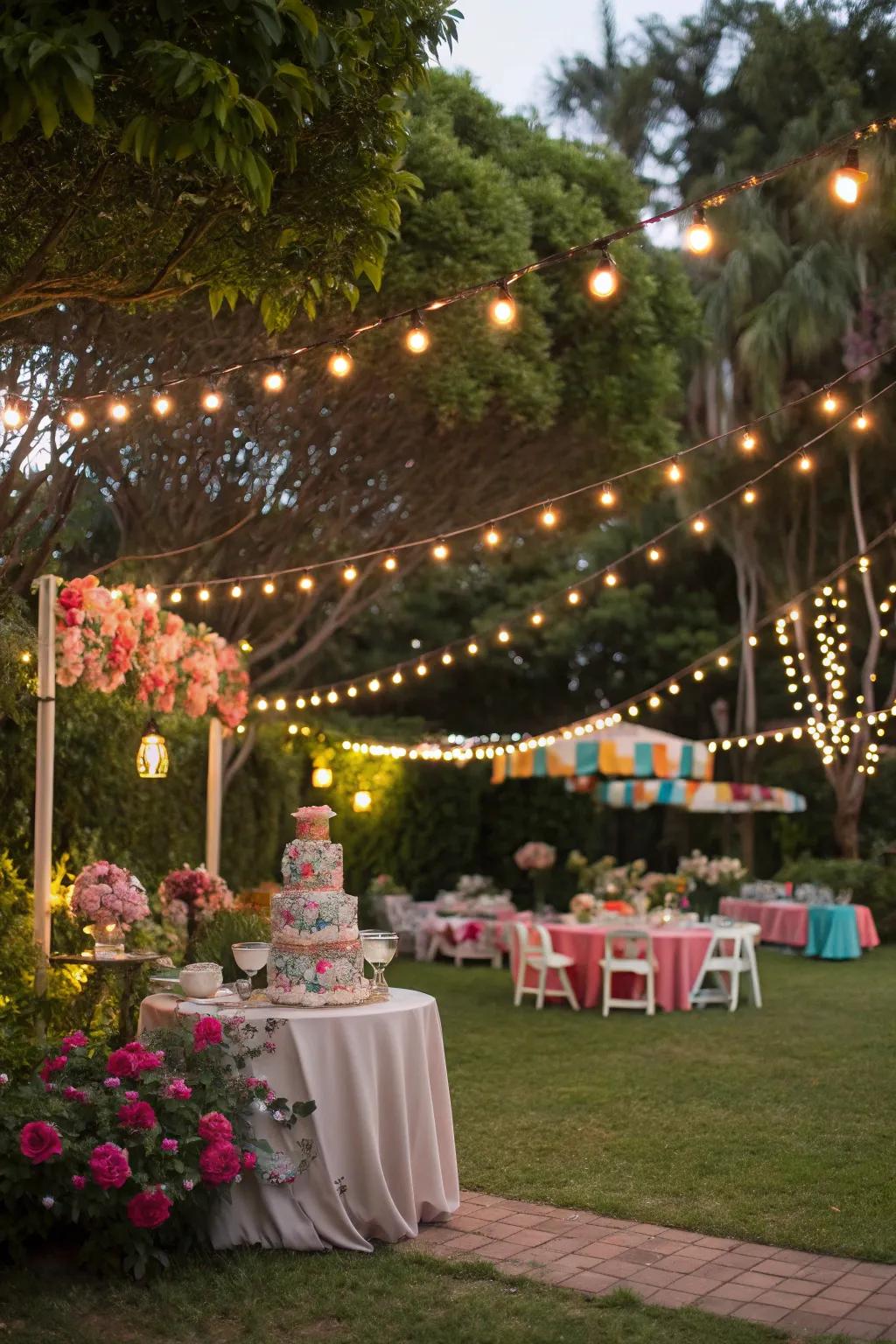 Magical string lights illuminating a vintage garden party.