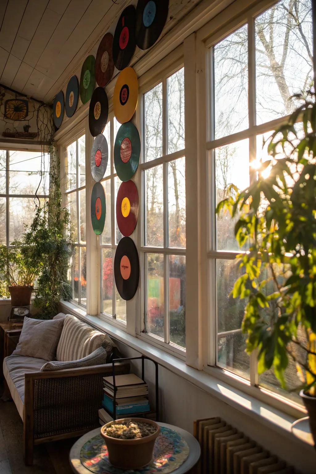 Create a vibrant window display with hanging vinyl records.