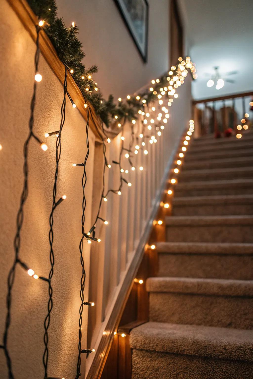 String lights add a touch of magic to your staircase wall.