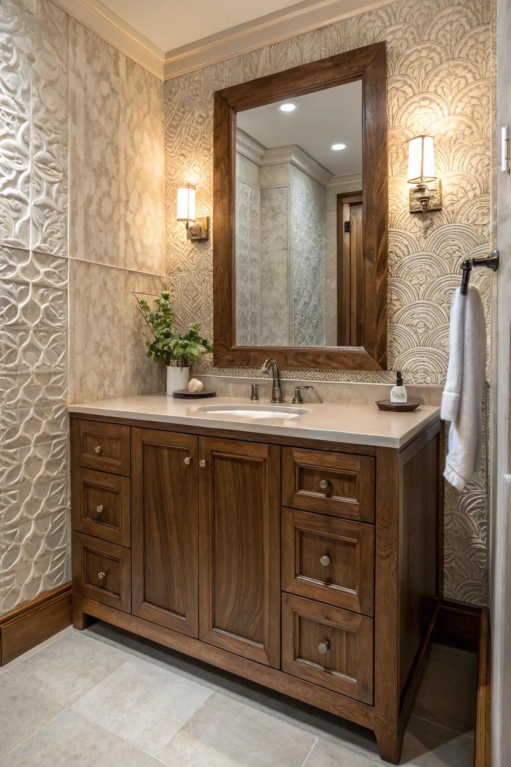 Add depth and interest with textured wall panels behind your vanity.