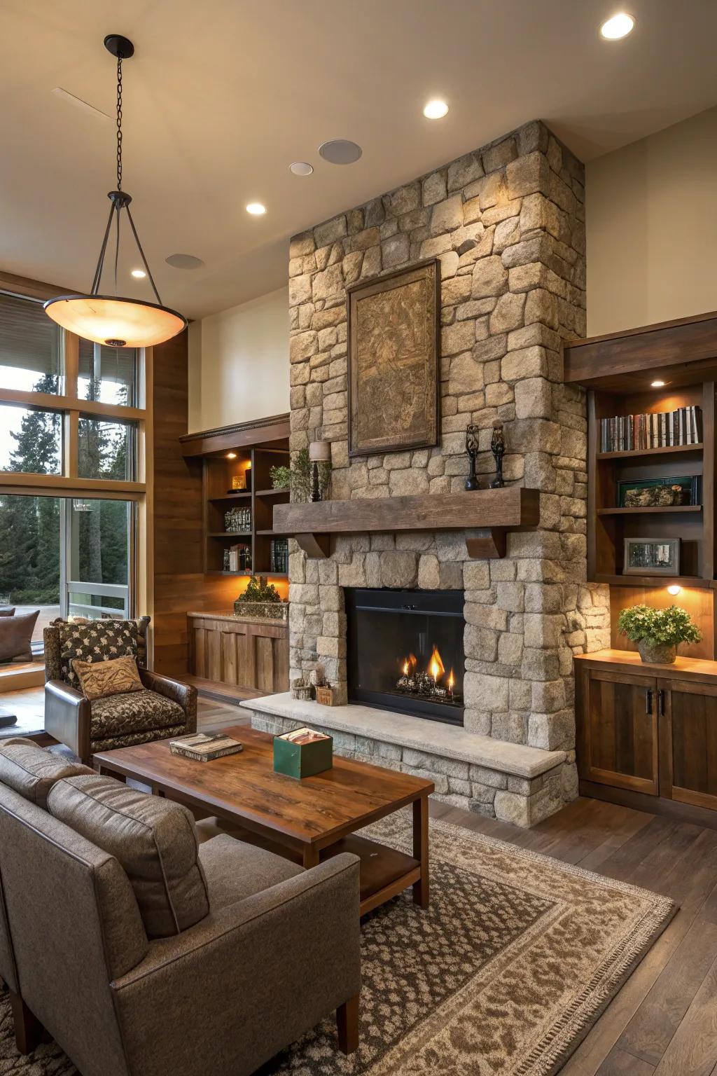 A stone fireplace creates a warm and inviting focal point.