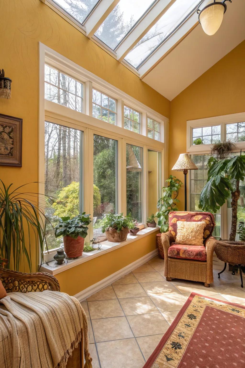 Sunroom with golden ochre walls, radiating warmth and light.