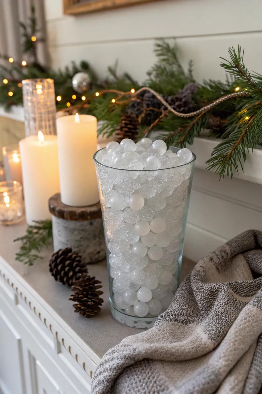 Frosted water beads for a winter wonderland effect.