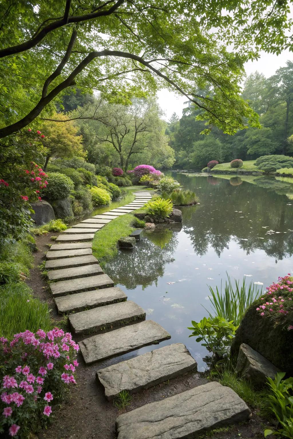 Stepping stones across water features add practicality and charm to gardens.