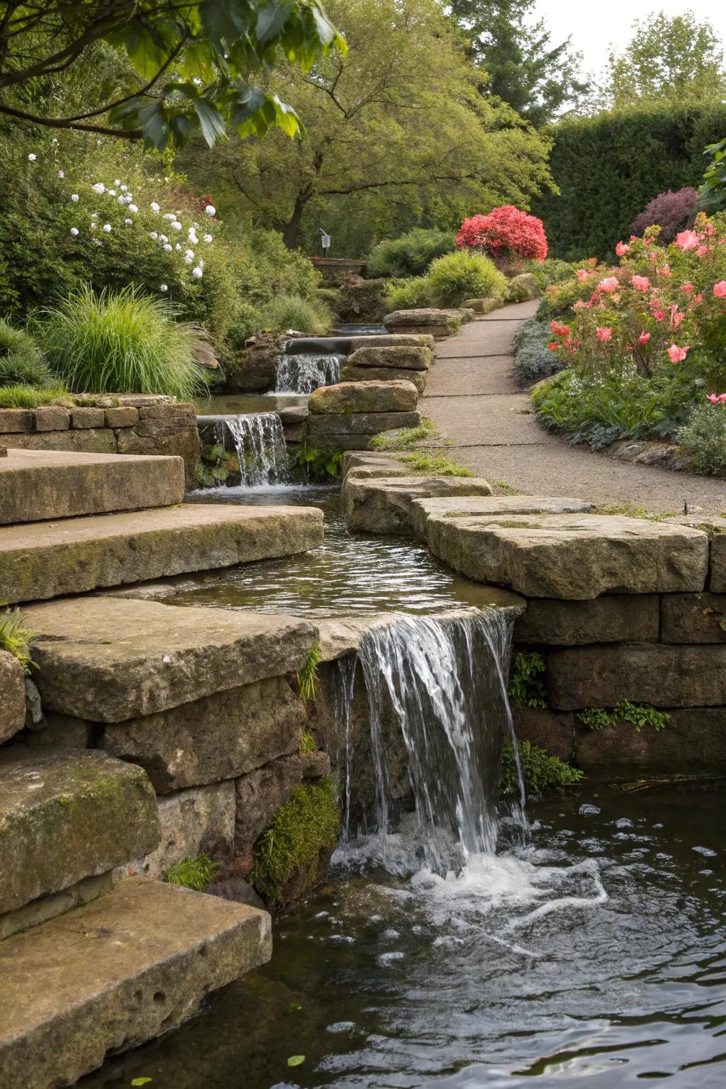 An elegant garden waterfall using stone steps to create a multi-level effect.