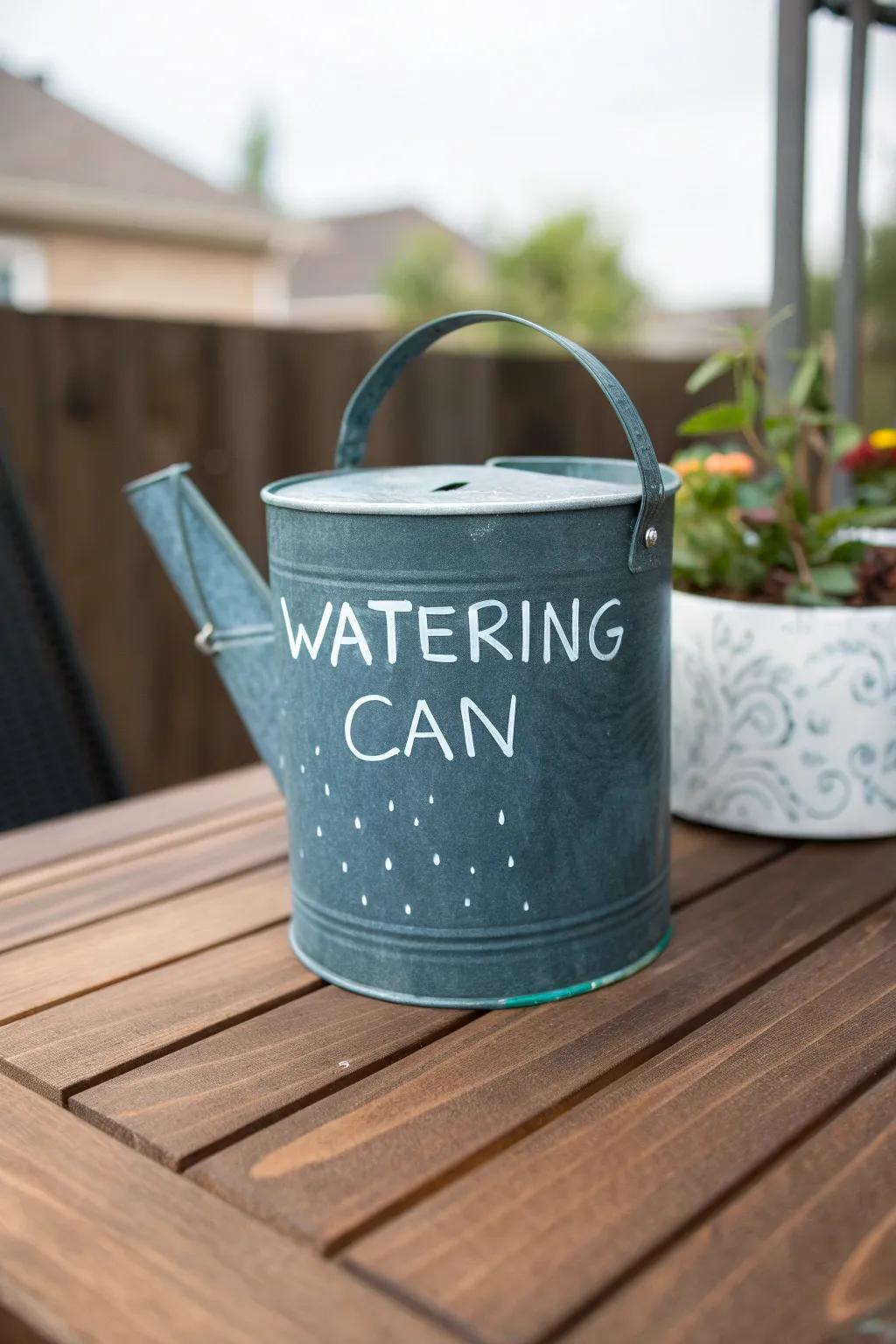 A watering can with chalkboard paint, perfect for changing messages.