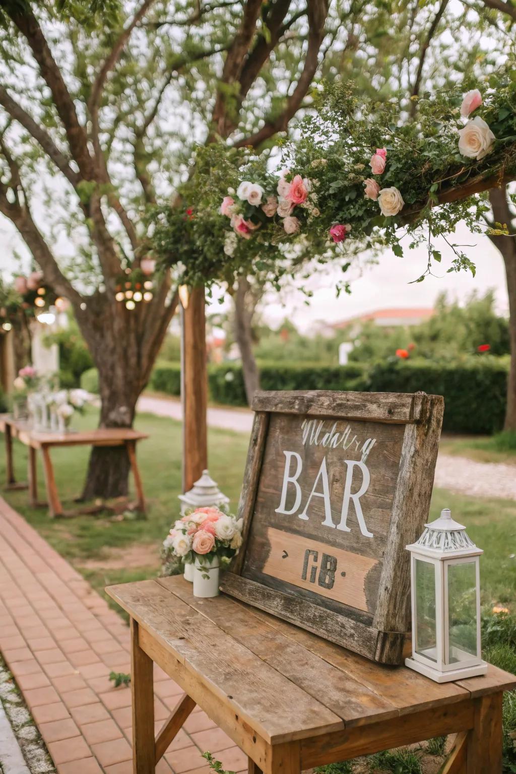 A charming rustic wooden framed bar sign.