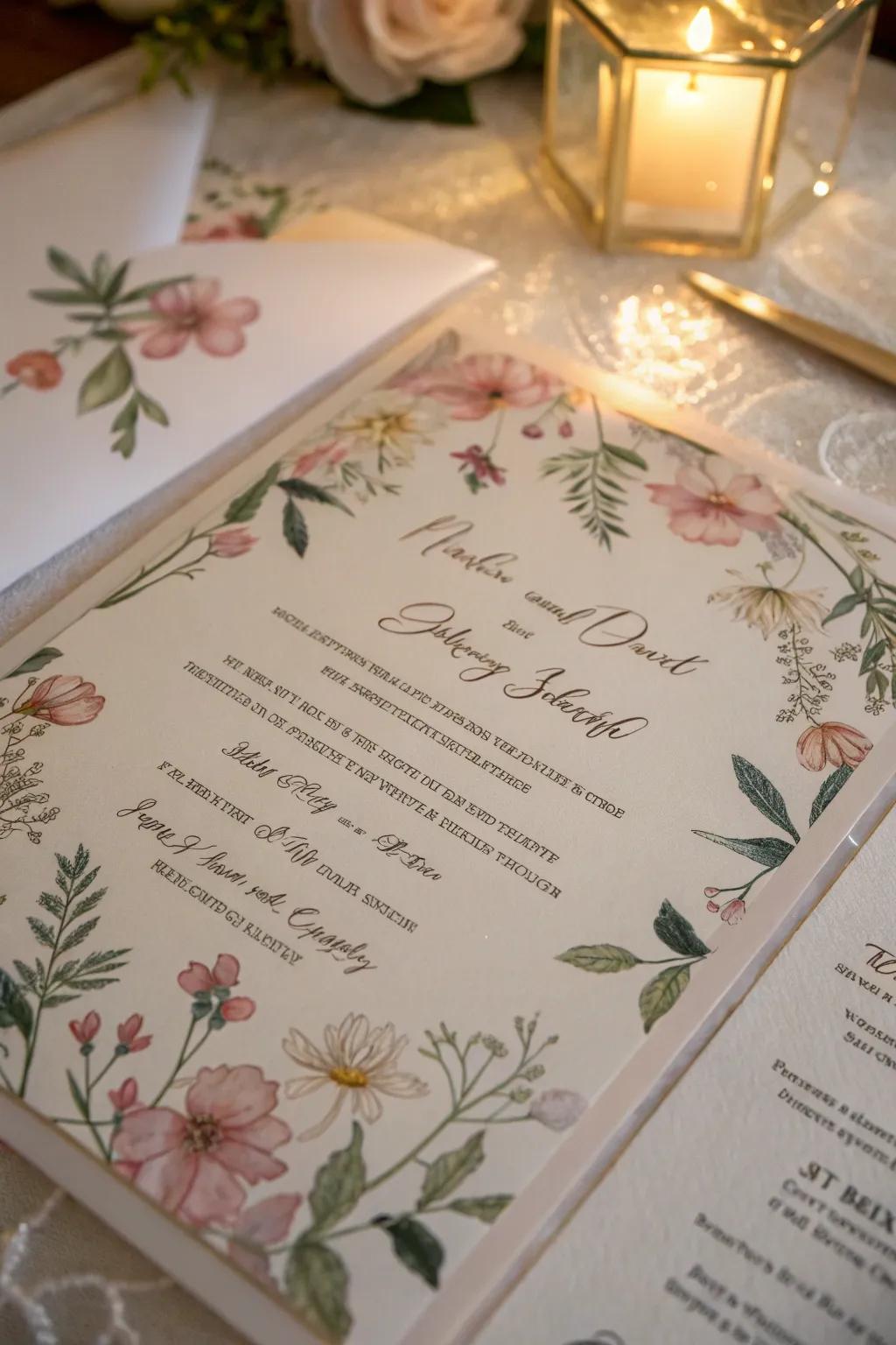 Elegant wedding invitation with a soft vellum overlay.