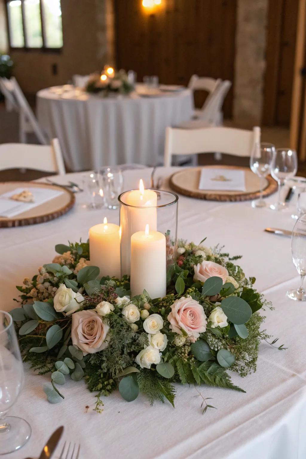 Floral wreaths creating a classic and elegant centerpiece.