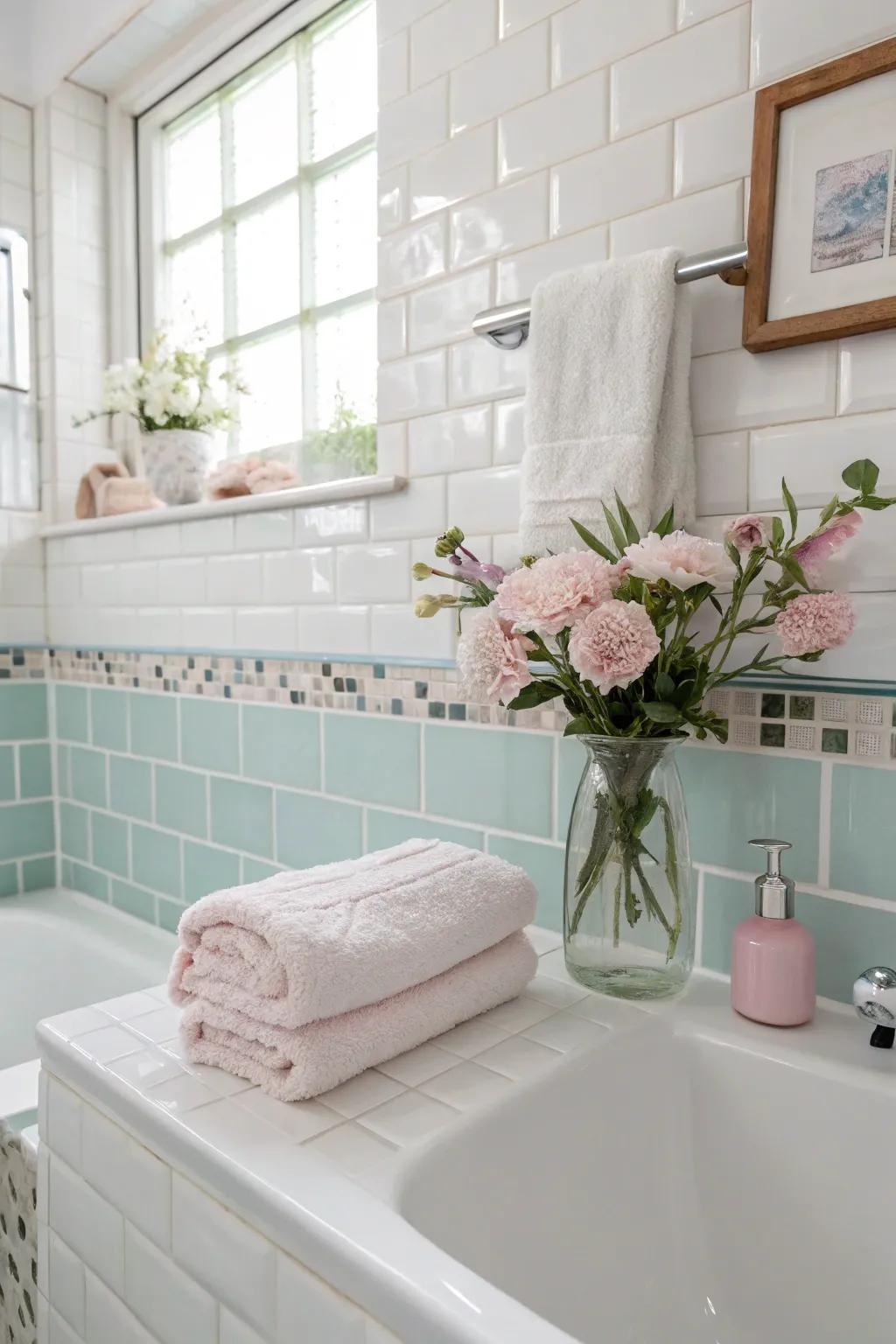 Pastel grout creates a unique and serene aesthetic.