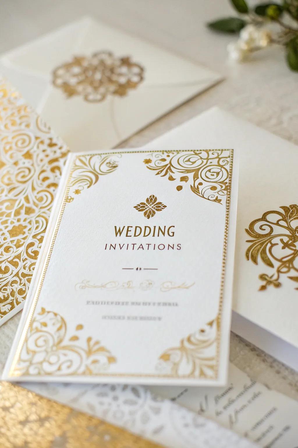 Elegant white and gold wedding invitations.