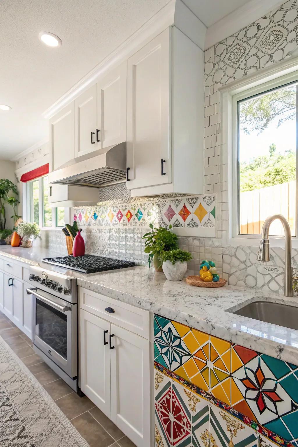 Geometric patterns add a playful twist to a white ice granite kitchen.