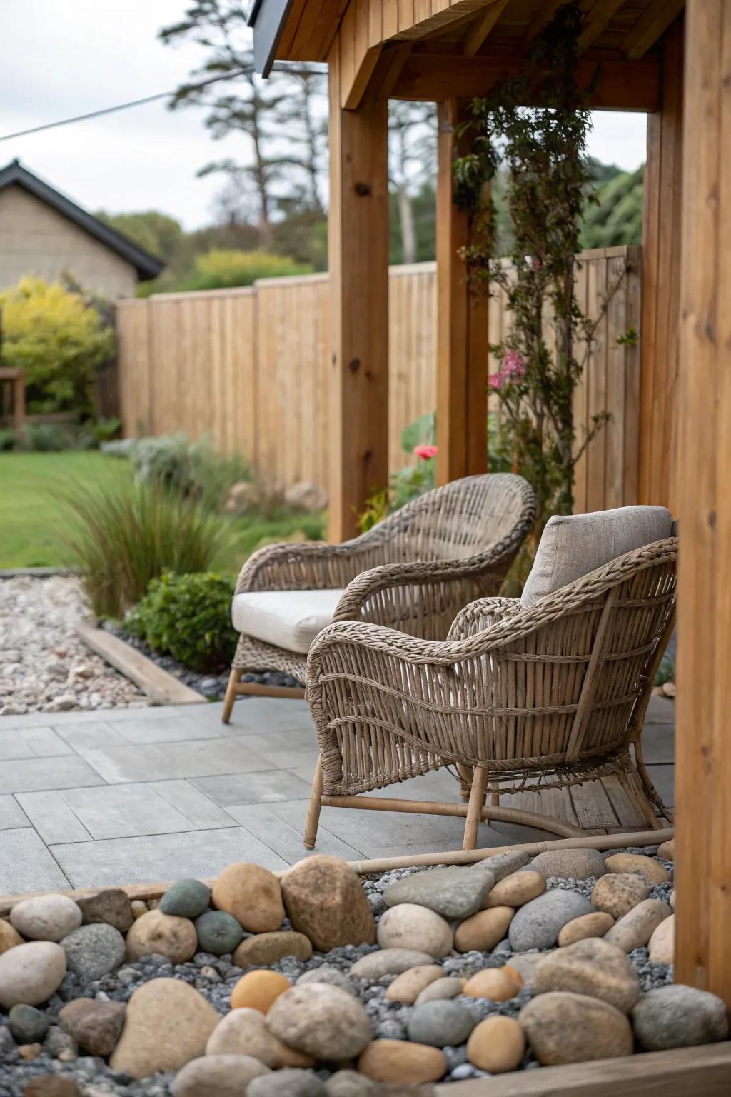 Embracing natural textures for a grounded patio design.