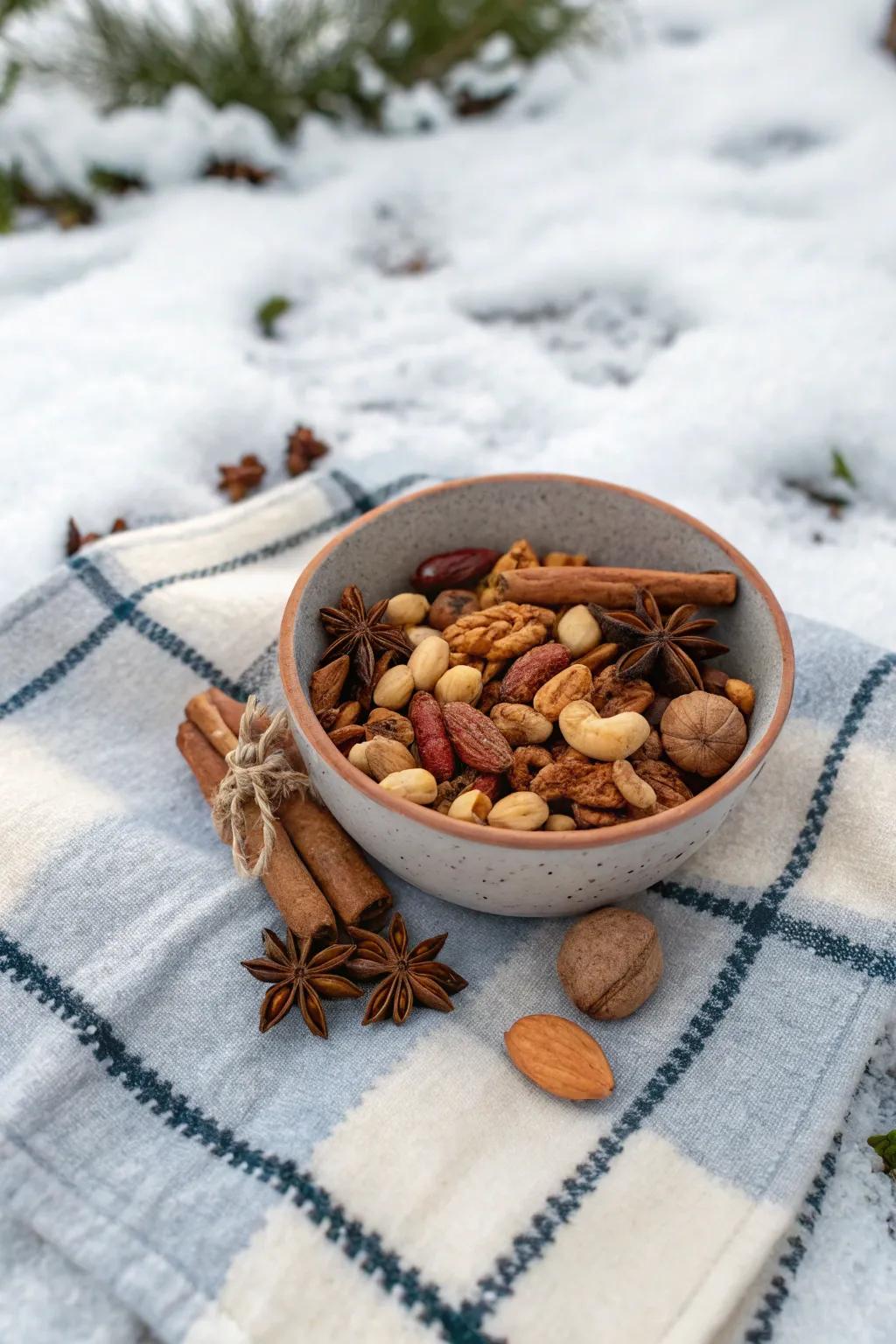 Spiced nut mix offers a flavorful snack option.