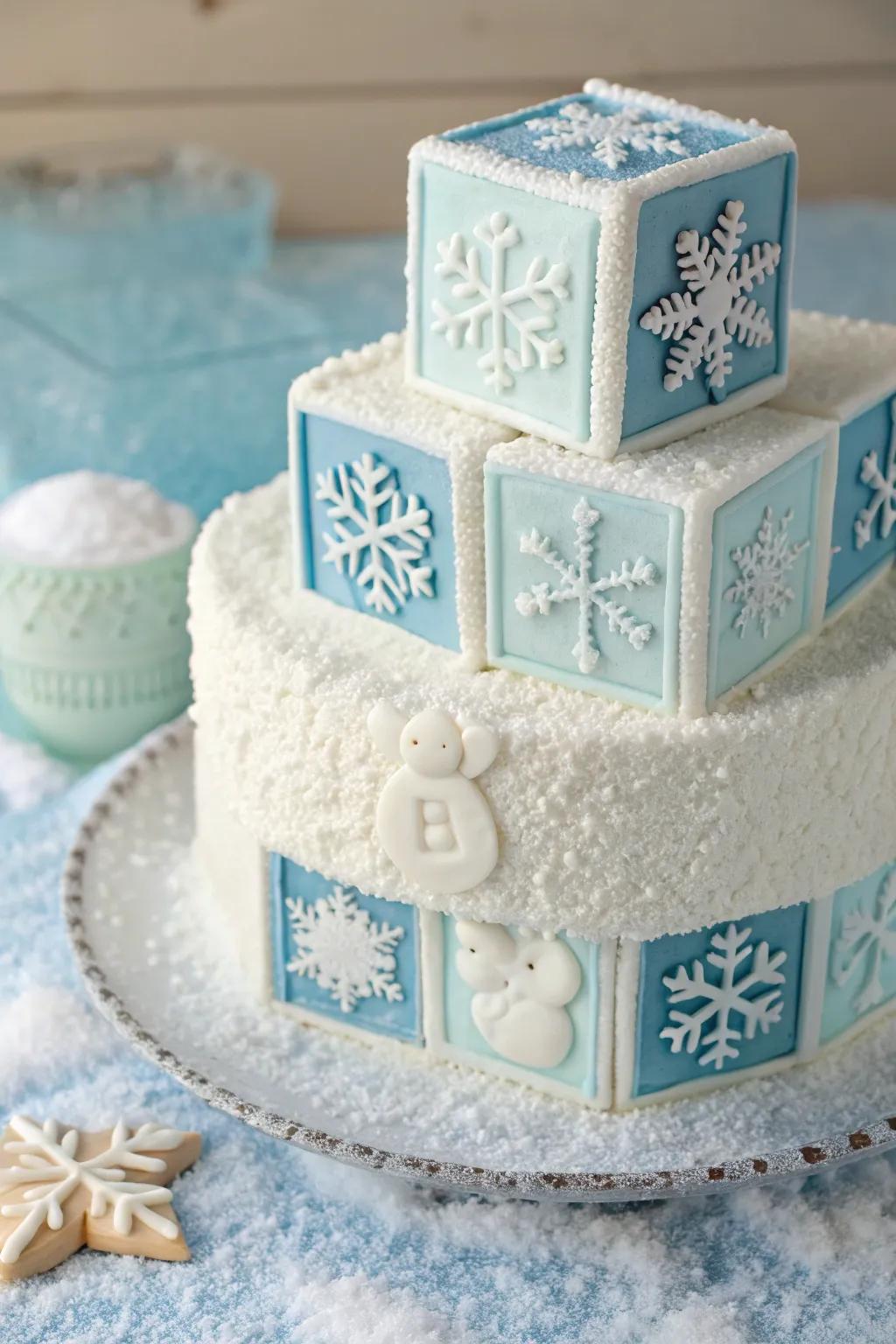 Playful baby blocks add charm to this winter-themed cake.